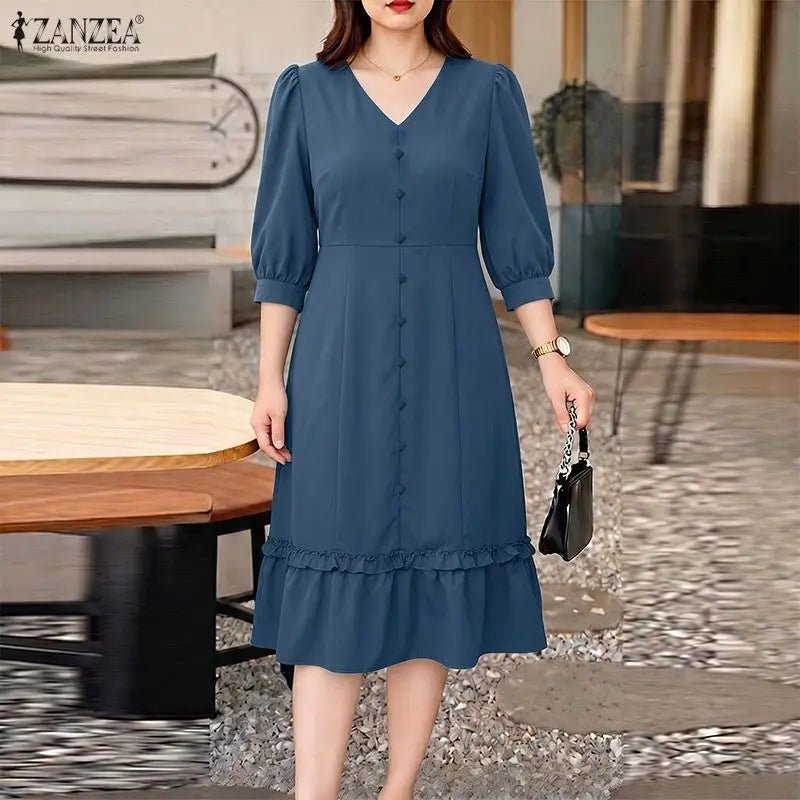 Women A-Line Midi Dress V-Neck 3/4 Puff Sleeve Cinched Waist Ruffled Hem Dresses ZANZEA Summer Elegant Casual Commute Robe Femme