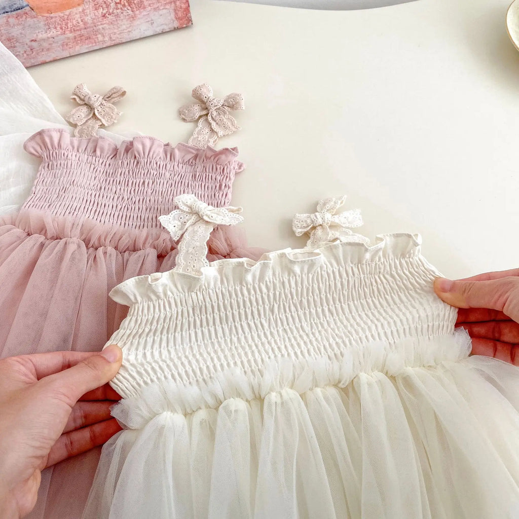 Baby Girl Summer New Bow Strap Bag Fart Clothes Baby Hundred Day Banquet One Year Old Princess Mesh Dress Gift Dress