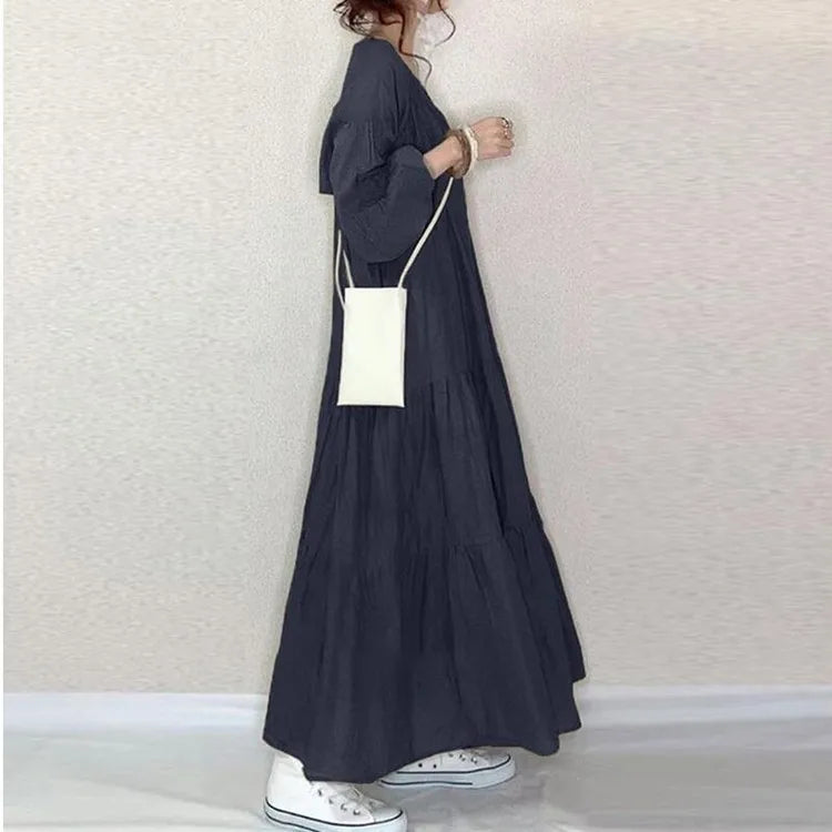 Summer Dress Women's Casual Long Sleeve V Neck Dresses Olive Green Loose Fit Maxi Dress Tiered Skirt A Line Flared Shirt Dress