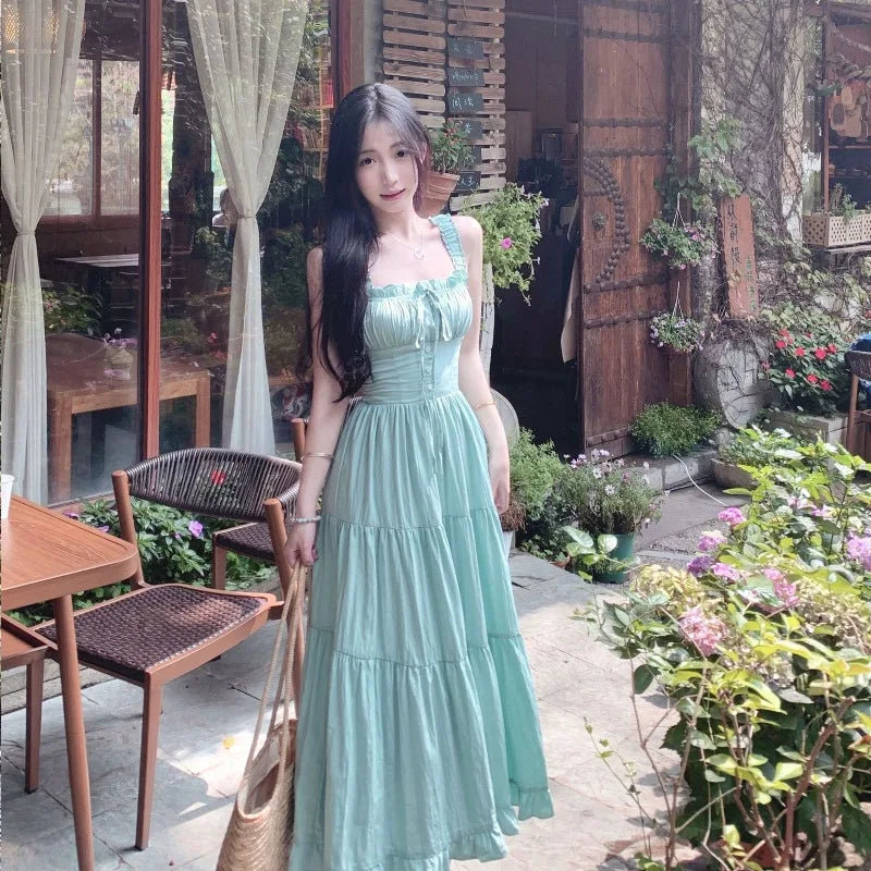 Sweet Long Dresses Beach Style Spring Summer A-line Elegant Women Dress Korean Fashion Sleeveless Ruffles Vestidos Mujer