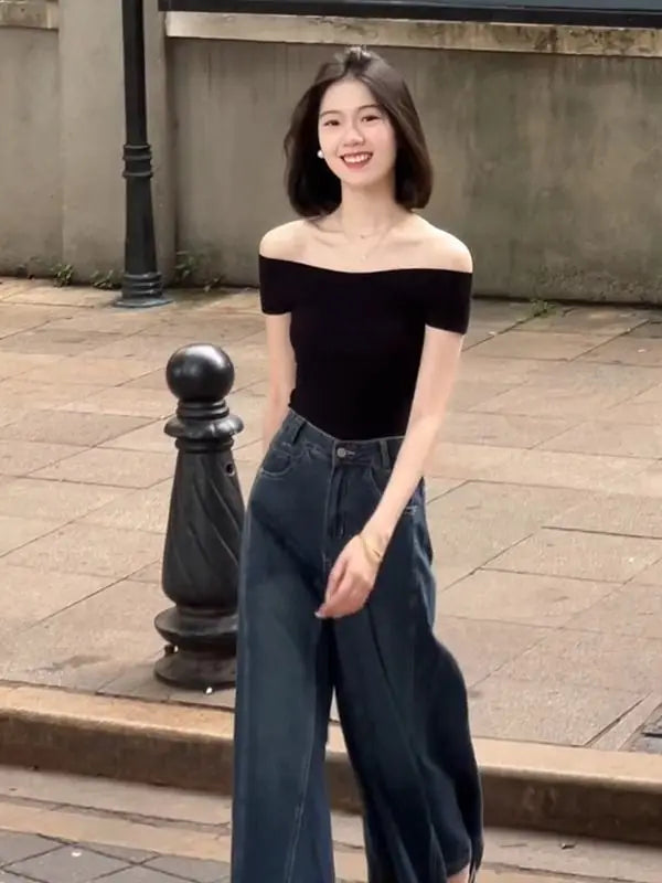 Shoulder Bared Knitted Short Sleeve T Shirt Women's Style Summer Edition Slim Fit Black Color Commute Fashion Creative Pattern