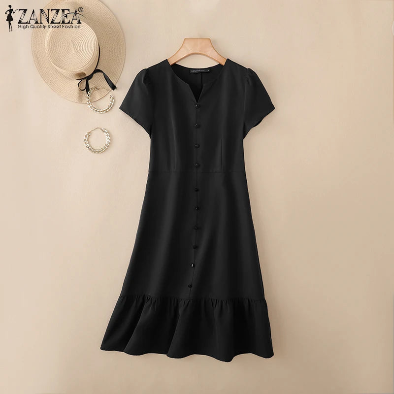 Stylish Summer Dress 2025 ZANZEA Women Elegant V-Neck Midi Dresses Office Work Sundress Short Sleeve Solid Buttons Vestidos Robe