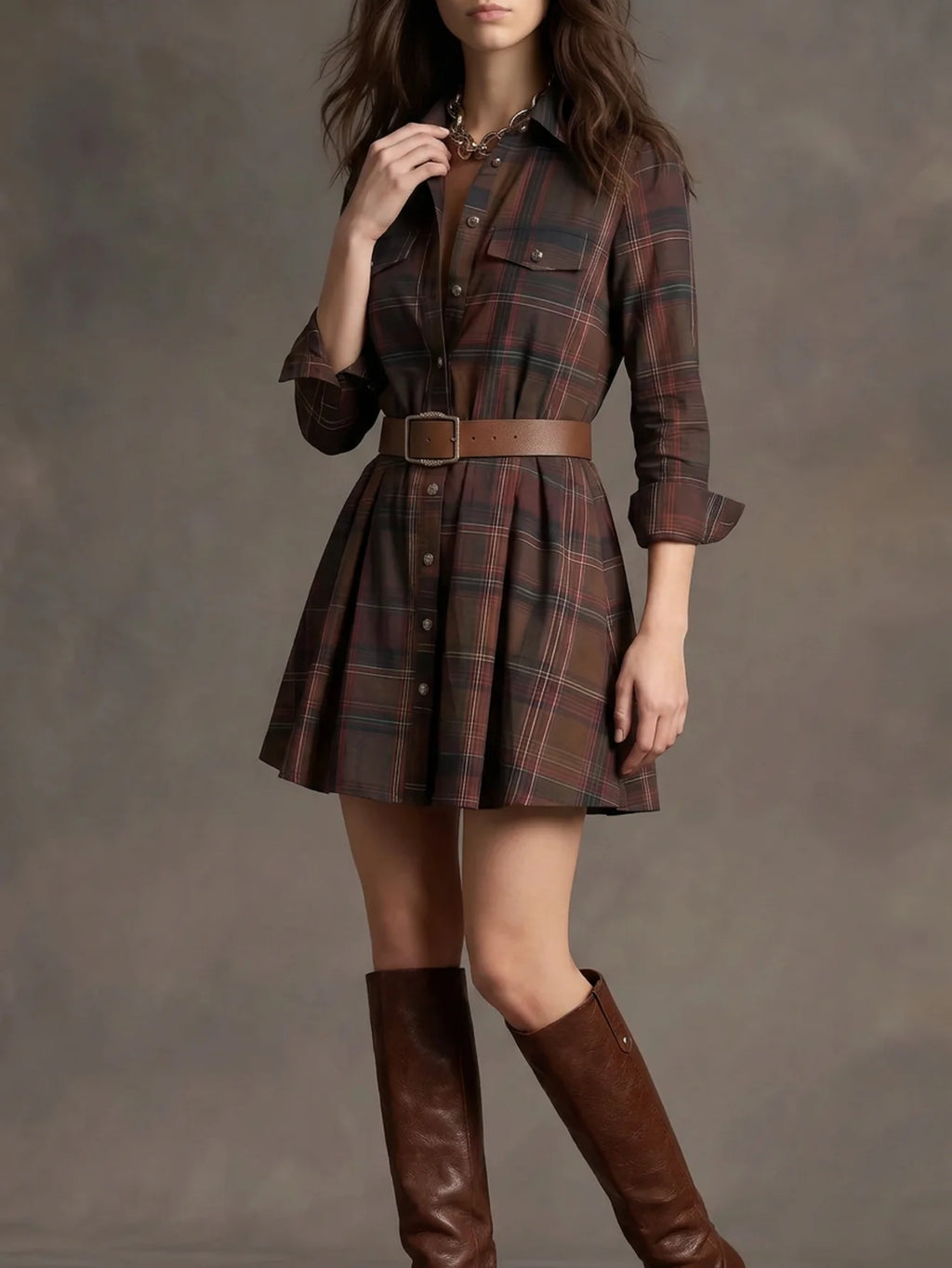 Women's Turn‑Down Collar Long Sleeve Mini Dress Plaid Print Button Front Pleated A‑Line Shirt Dress Fashion Casual Ladies Daily Outfit