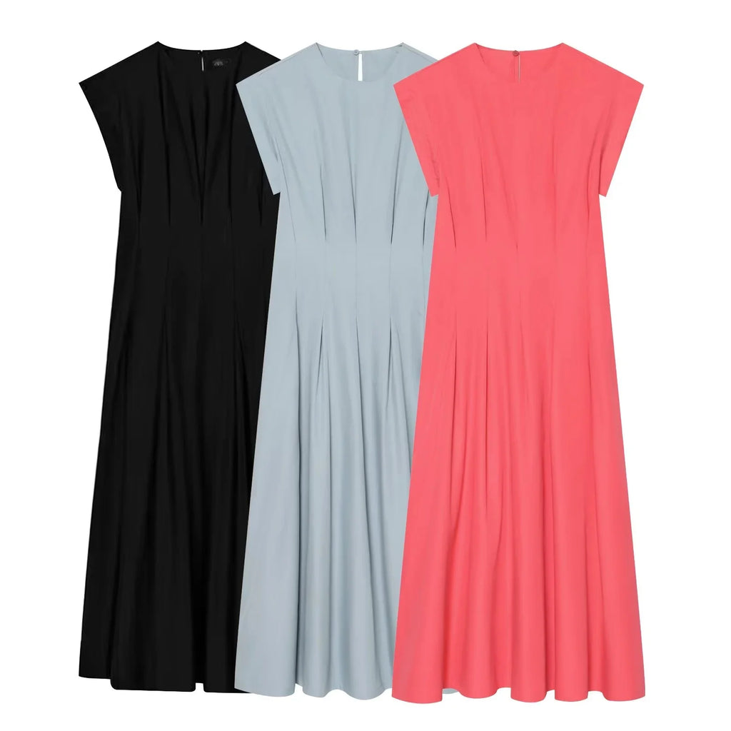 BSAY 2026 Minimalist Solid Color Long Dress Ladies Round Neck Cap Sleeve Waist Flowy A Line Maxi Dress Casual Vacation Sundress