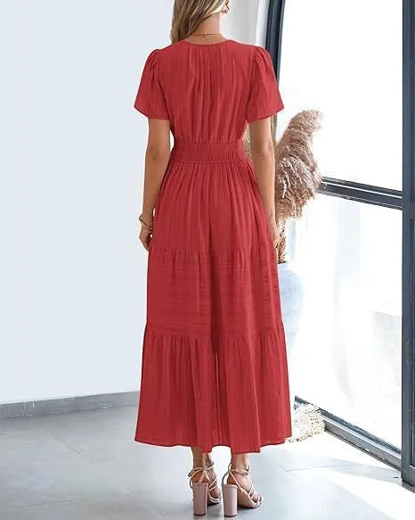 Summer Solid Color V-neck Tight Waist Dress French Style Elegant Pleated Large Swing Long Dress Casual Vacation Style Slimming M