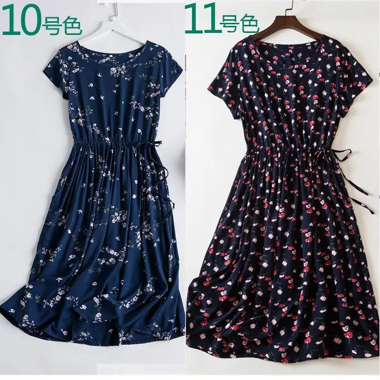 Cotton Silk Dress Women's Short Sleeved 2026 Summer New Ladies Slim Round Neck Temperament Beach Print Dresses