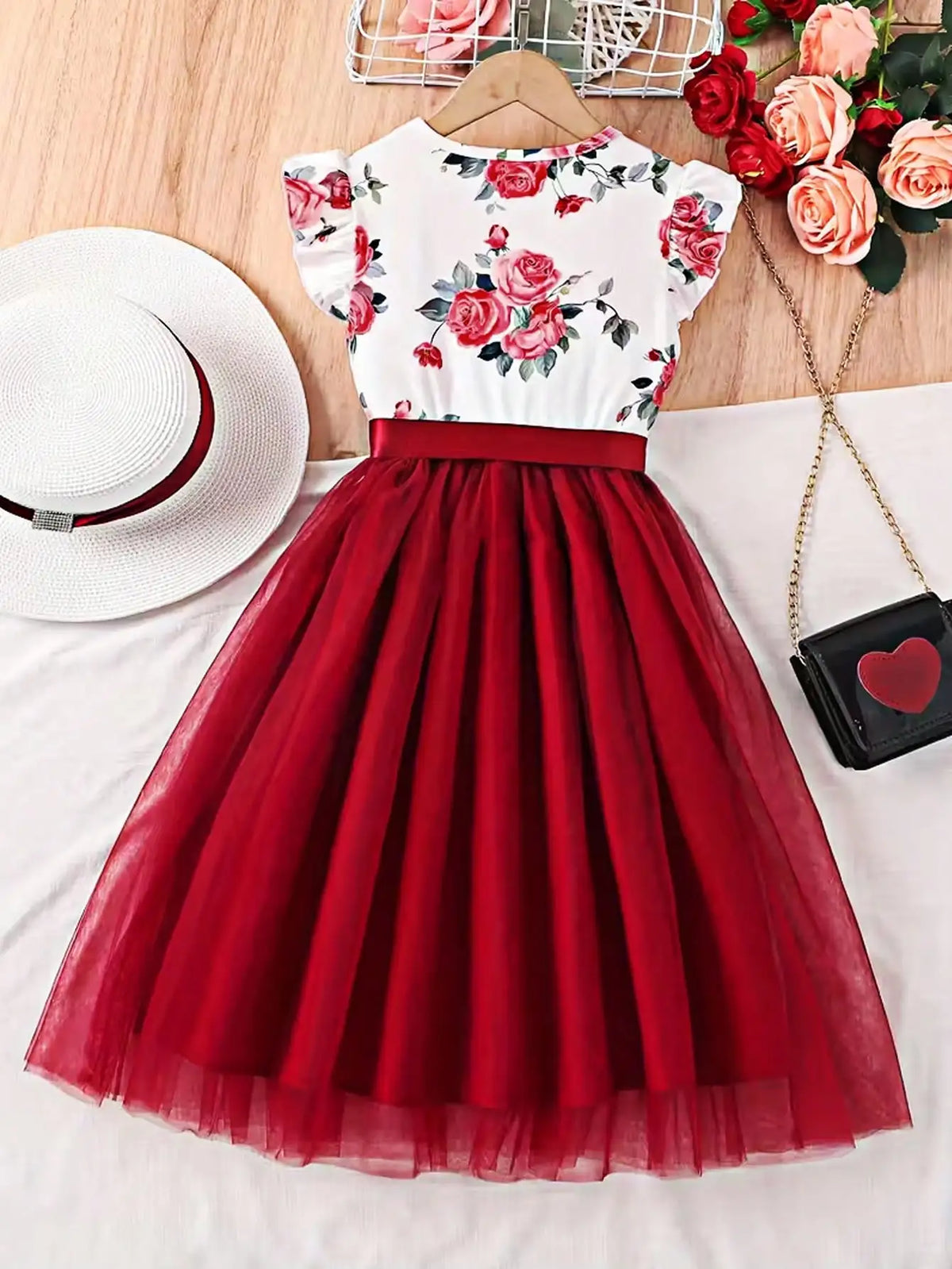 Summer 2026 Children's & Women's Cute Plush Dress with Small Flying Sleeves Round Neck Print Design New Collection