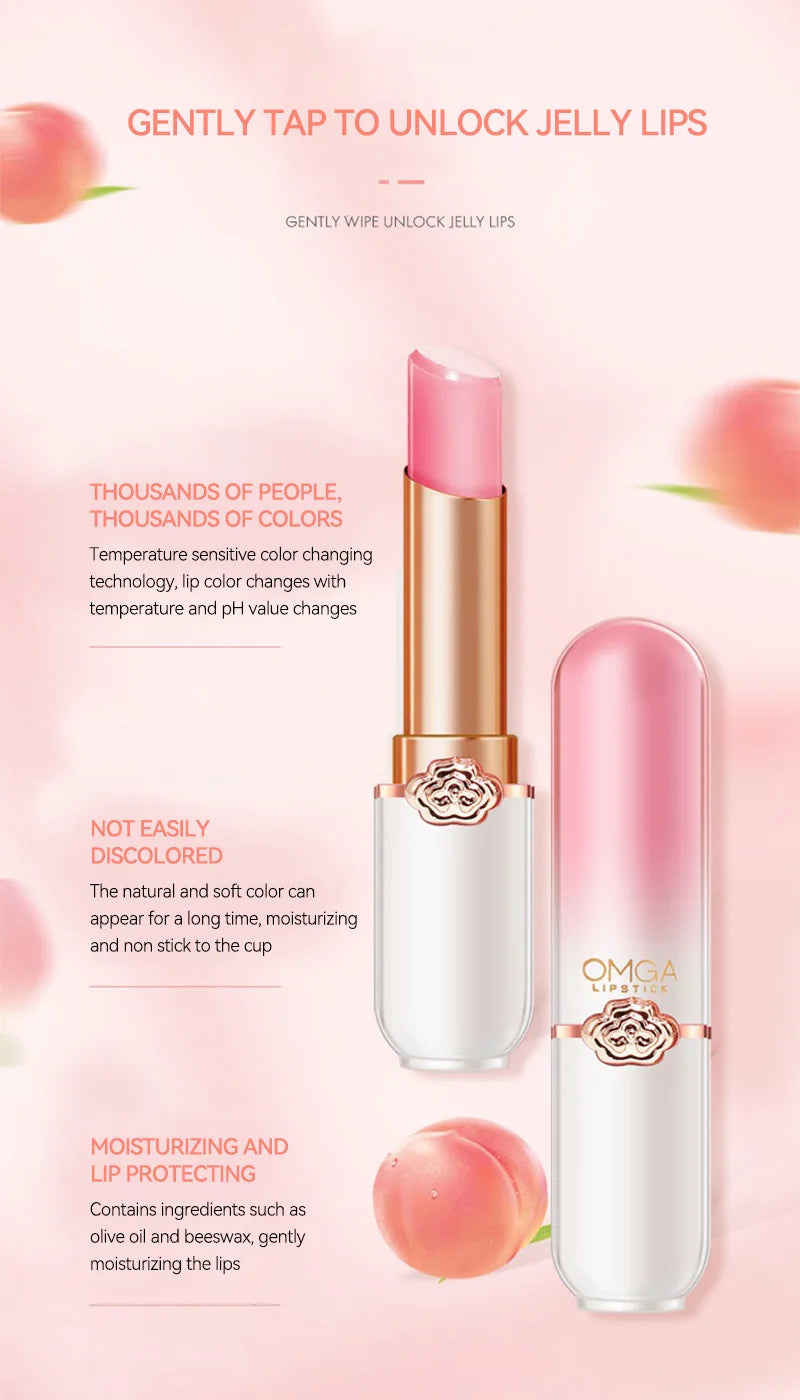 OMGA Color-Changing Lip Balm Jelly Lipstick Moisturizing Waterproof Hydrating Temperature-Sensitive Peach Flavor,Smooth Lips