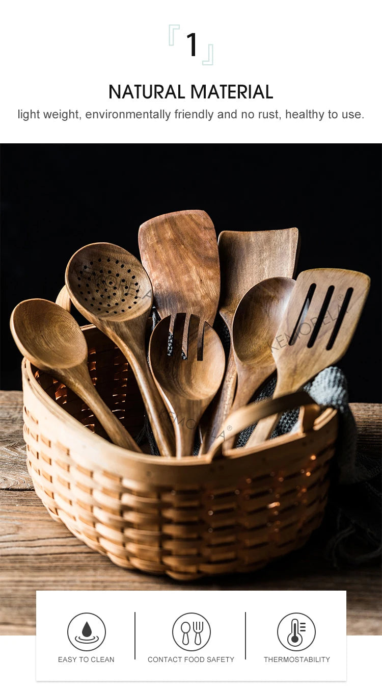 Cucharas de madera para cocinar de 9 piezas, utensilios de madera para cocinar con soporte para utensilios, juego de utensilios de cocina de madera de teca