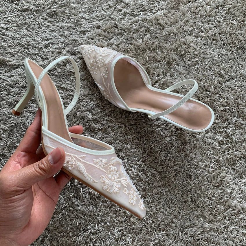 Mesh Embroidered Thin High Heels Sandals Women 2025 Summer Sexy Slingback Pointed Toe Pumps Dress Shoes Woman Sandalias De Mujer