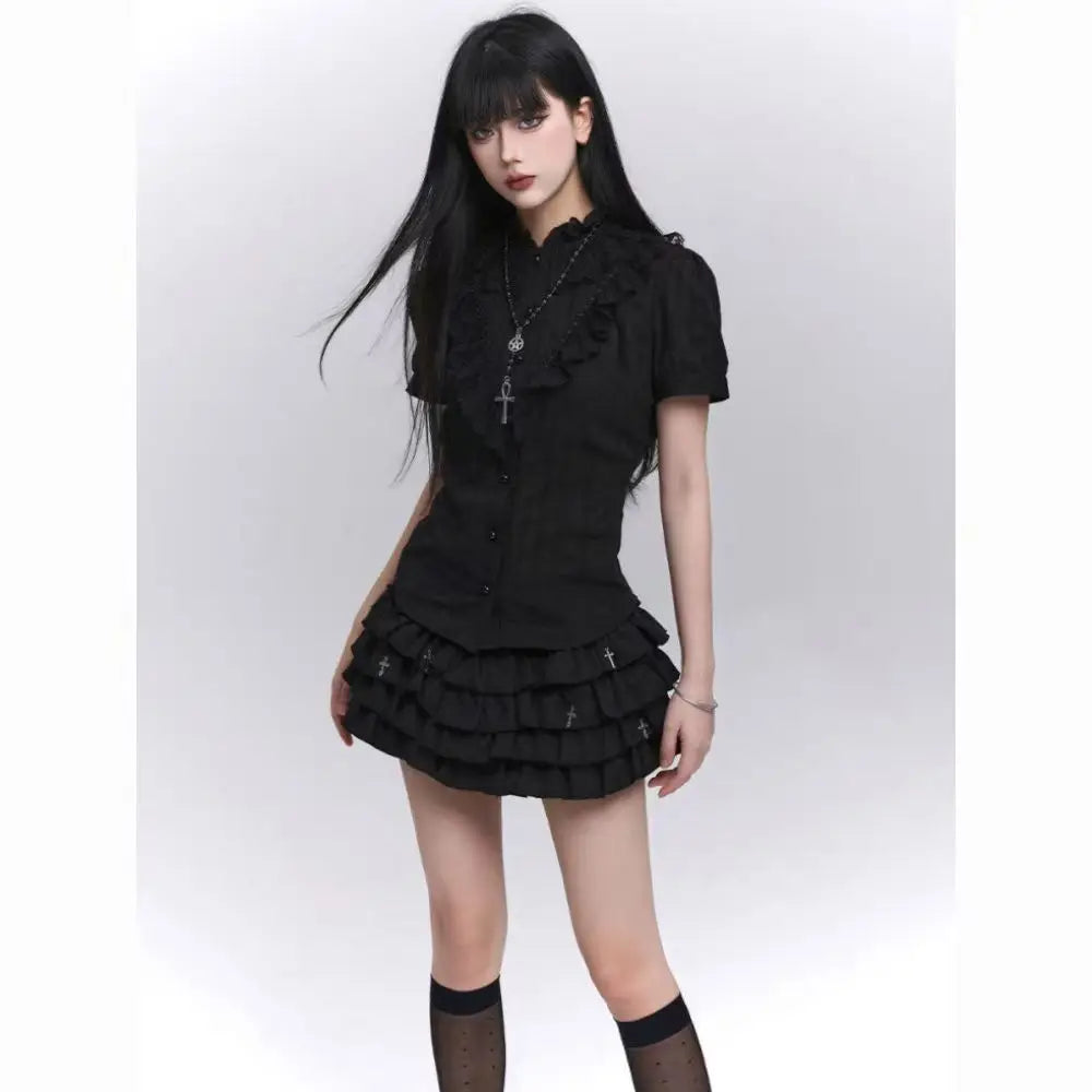 Japanese Y2k Cute Ruffled Plaid Skirt Subculture White Lace Cake Skirts Preppy Casual New Women Princess Puffy Skirts Mini Skirt