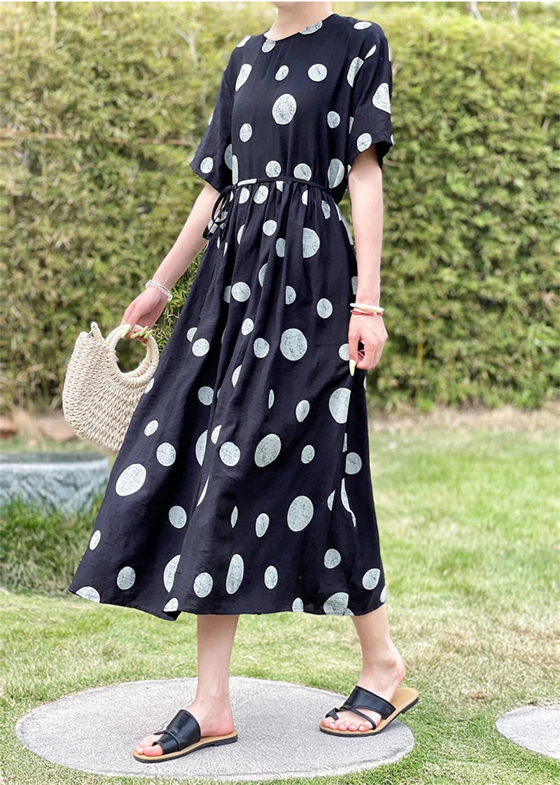 Summer Cotton Vintage Casual Loose Black Dresses For Women Short Sleeve Polka Dot Dress Femme Robe Vestidos Elegant Long Clothes