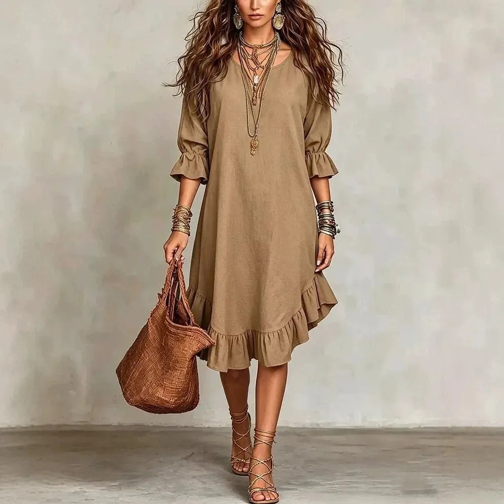 Retro Solid Summer Women's Dress Fashion Casual V-Neck Irregular lotus leaf edges Midi Dress Loose Simple Elegant Party Dress