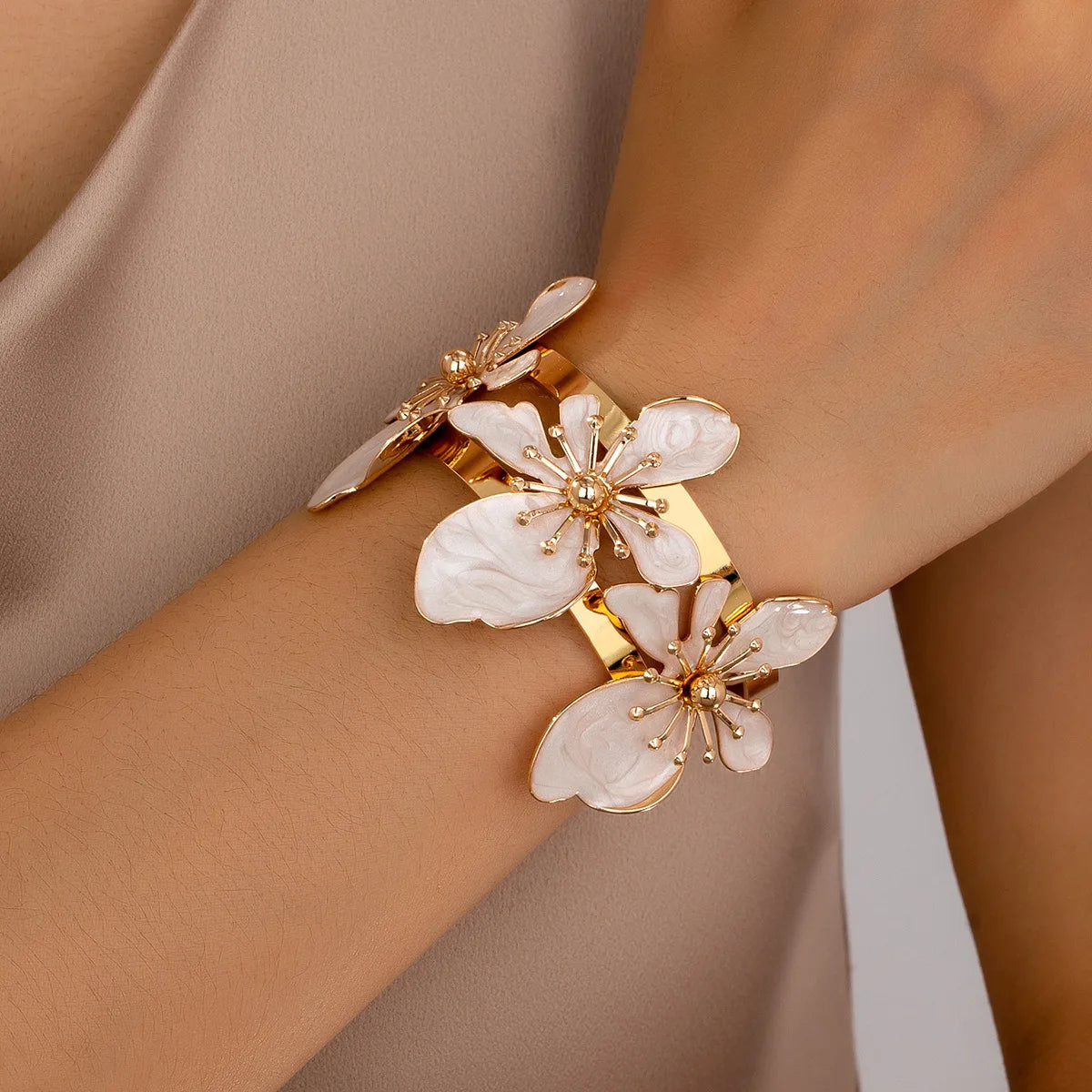 Enamel Flower Open Cuff Bracelet For Women Elegant Gold Plated Floral Beach Jewelry