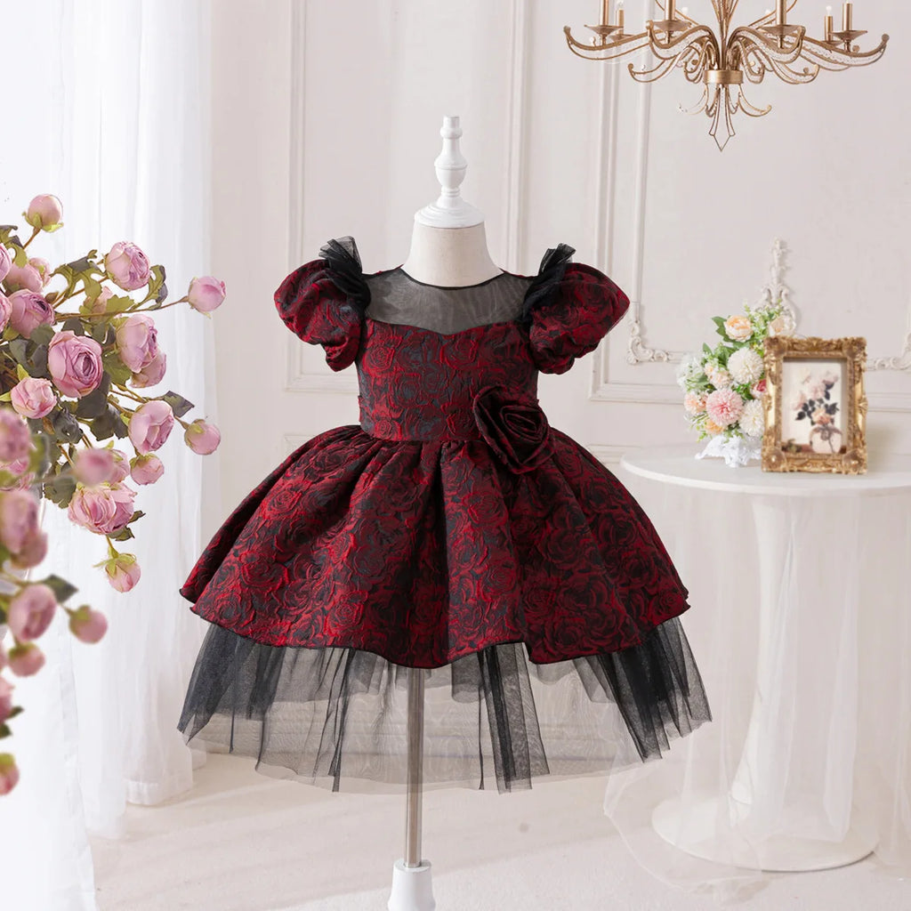 HETISO Rose Floral Kids Girls Party Dresses Elegant Princess Tulle Children Ball Gown for Christmas Wedding Birthday