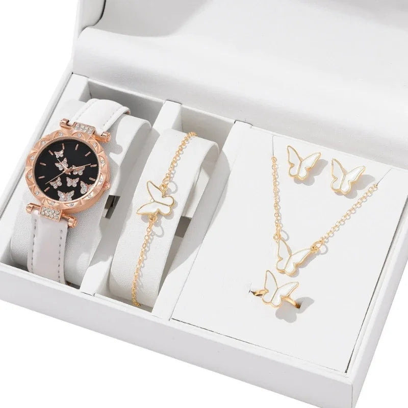 Butterfly Jewelry Set (Without Box)Women'S Watches Female Leather Watch Rings Necklace Earrings Bracelet Wedding