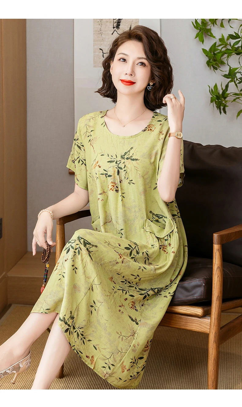 New 2025 Summer Dress Long Vintage Loose Women Elegant Sundress Dress Casual O-neck Dresses Print Plus Size