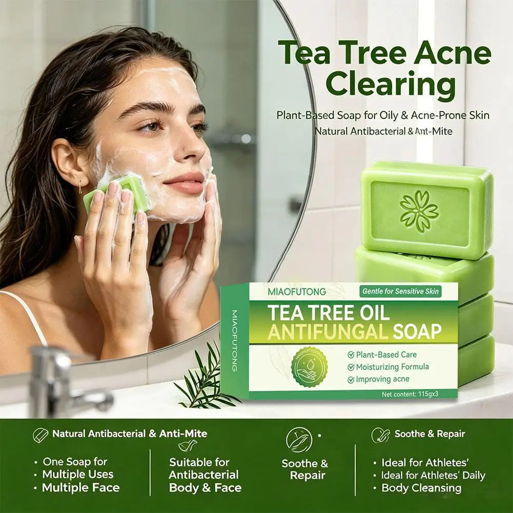 3PCS Tea Tree Oil Soap Acne Clearing Bar Natural Plant Deep Cleansing Bar Body Face Wash For Oily Acne-Prone Sensitive Skin Care