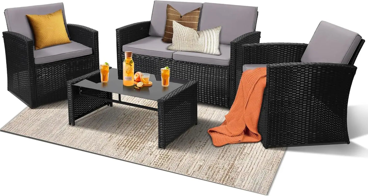 4-Piece Patio Furniture Set, Wicker Outdoor Rattan Sectional Sofa with Cushions and Glass Table, All-Weather Outdoor Conversatio