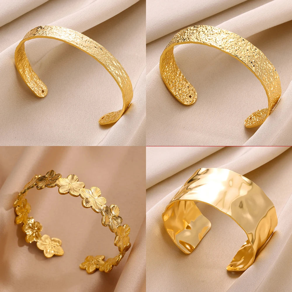 Stainless Steel Wide Bangles For Women'S Luxury Gold Color Chunky Flower Cuff Bangle Bracelet Femme Vintage Wedding Jewelry Gifts