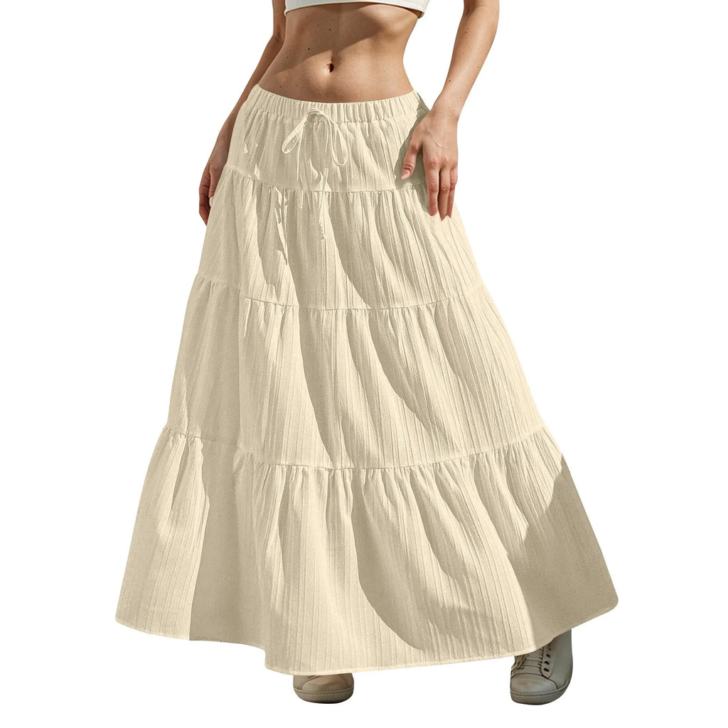 Women's Flared Ruffle Hem Maxi Skirt Fashion Women Solid Long Skirts Elastic Waist Elegant Long Skirt Spring Summer Cake Dress