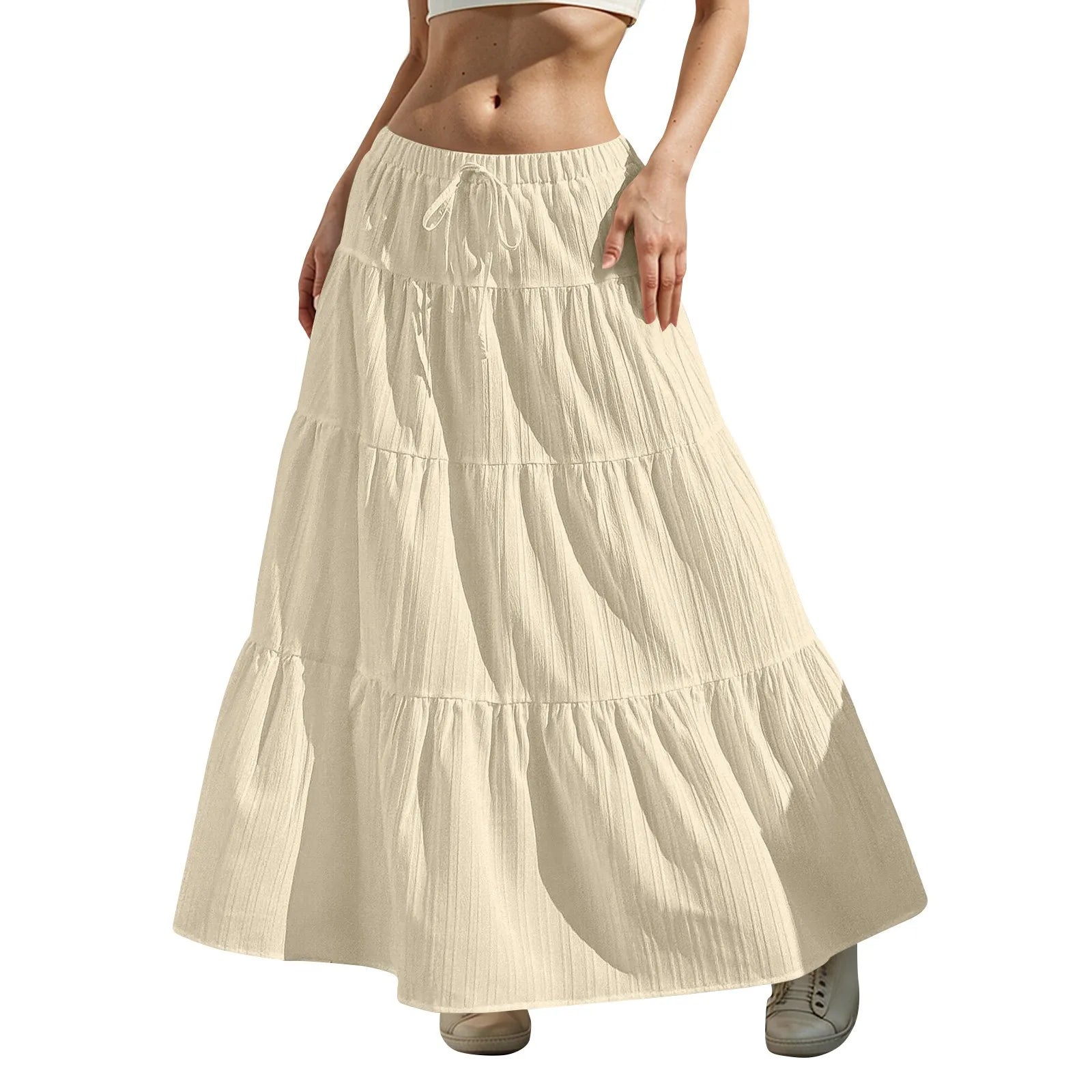 Women's Flared Ruffle Hem Maxi Skirt Fashion Women Solid Long Skirts Elastic Waist Elegant Long Skirt Spring Summer Cake Dress