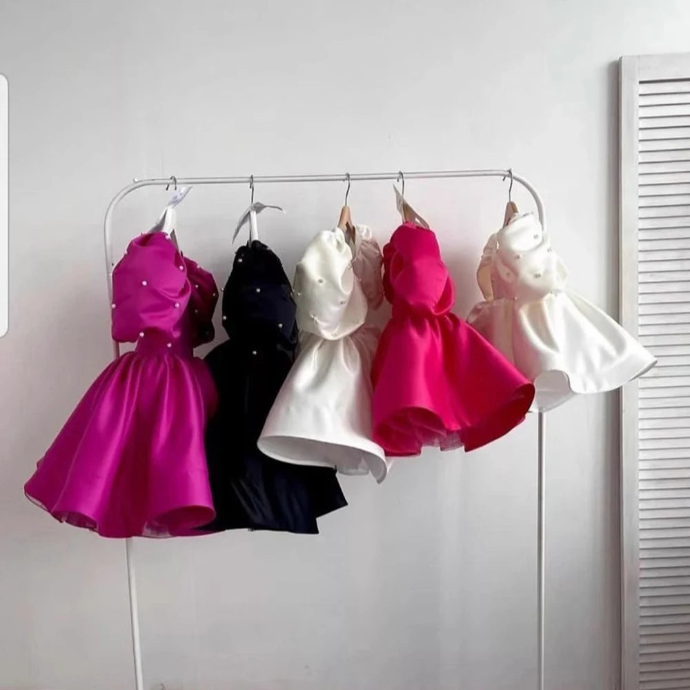 HETISO Fashion Baby Girl Dress Beading Puff Sleeve Children Satin Princess Dress For Vestido Pageant Kids Party Birthday Gown