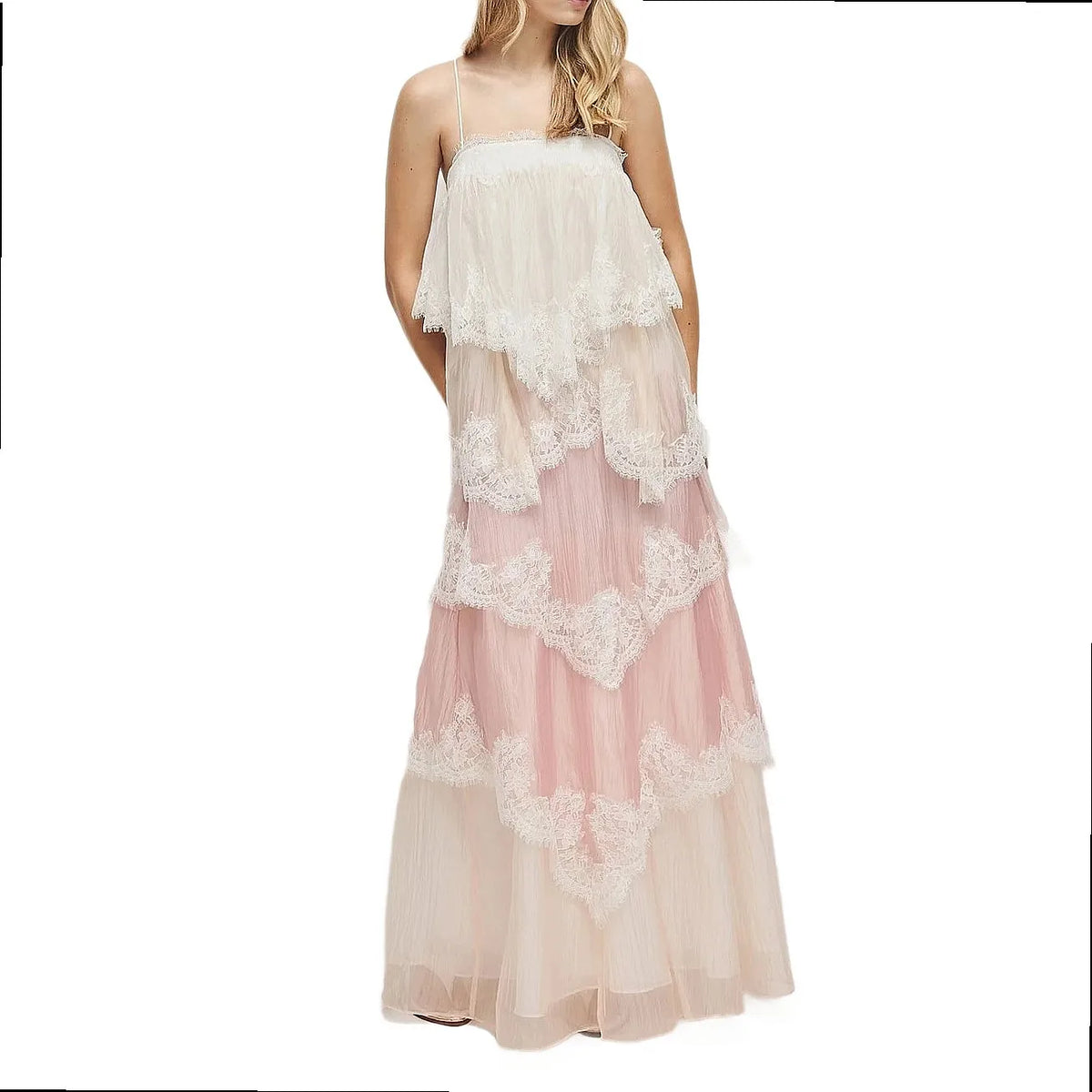 French Vintage Lace Gradient Camisole Long Dress Spring Summer Floral Maxi Dress Elegant Layered Ruffle Dress