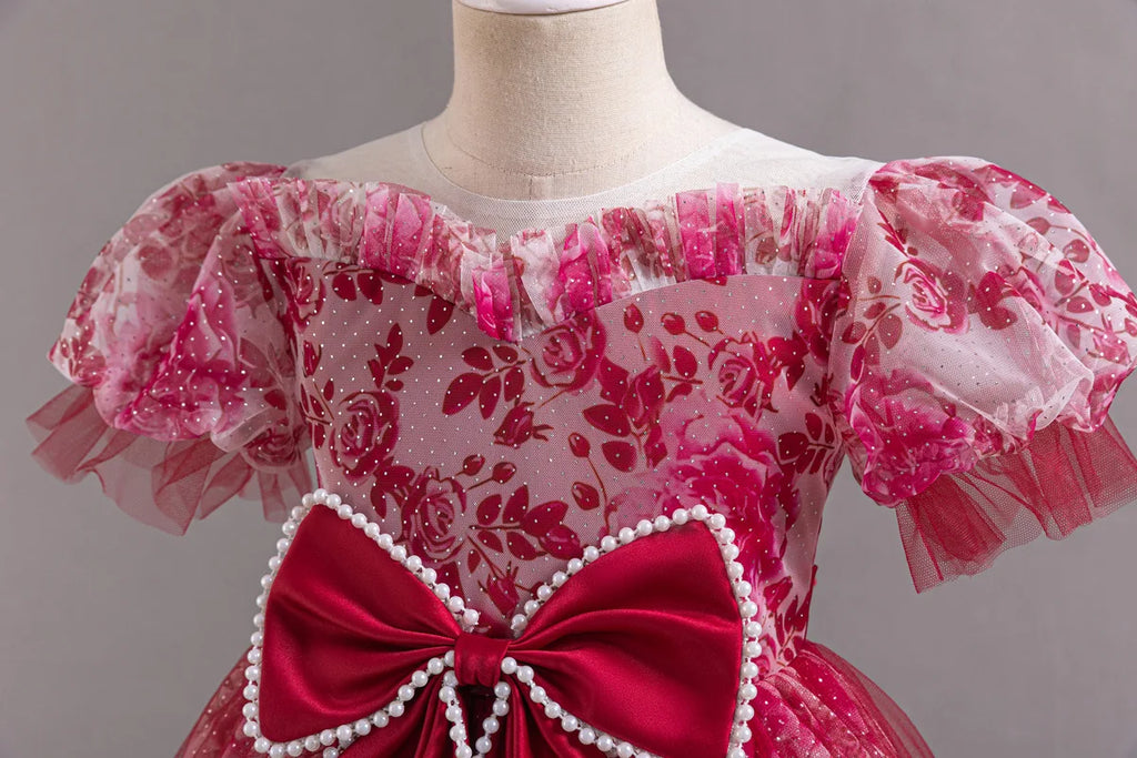 HETISO Princess Dress for Girls Beaded Bow Floral Lace Tulle Tutu Skirt Wedding Birthday Party Prom Gown Ages 2-10