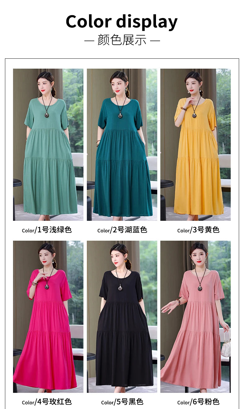 New Fashion 2023 Causal Summer Dresses For Women Loose Solid Long O-neck Dress Vintage Short Sleeve Womens Clothing