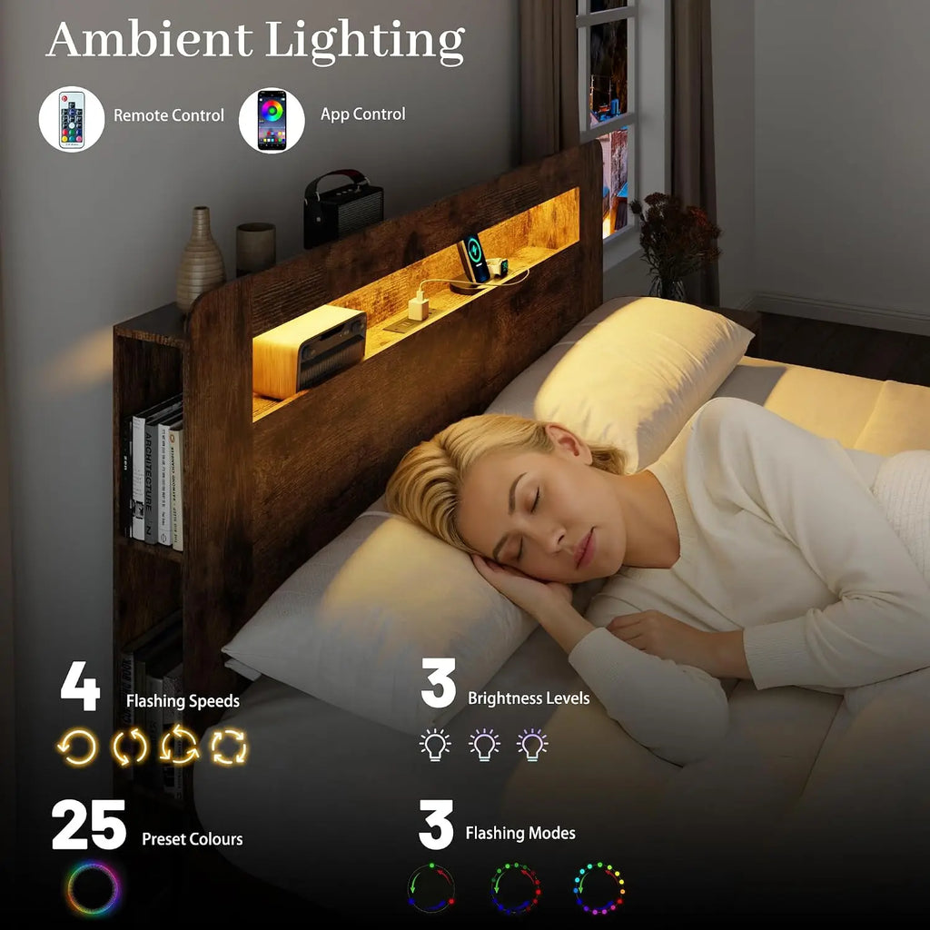 King Size Wooden Platform Bed with Storage Headboard & Charging Station LED Lights Slats No Box Spring, Customized