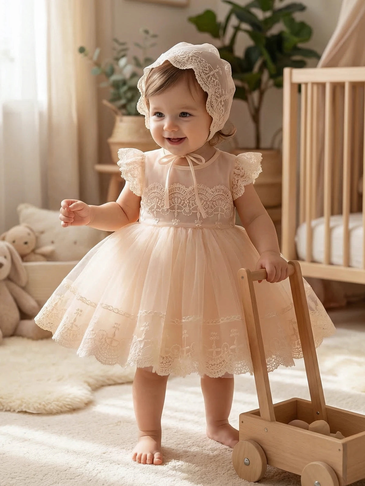 Baby Girl Baptism Dress - Wine Red Lace A-Line Princess Dress with Hat
