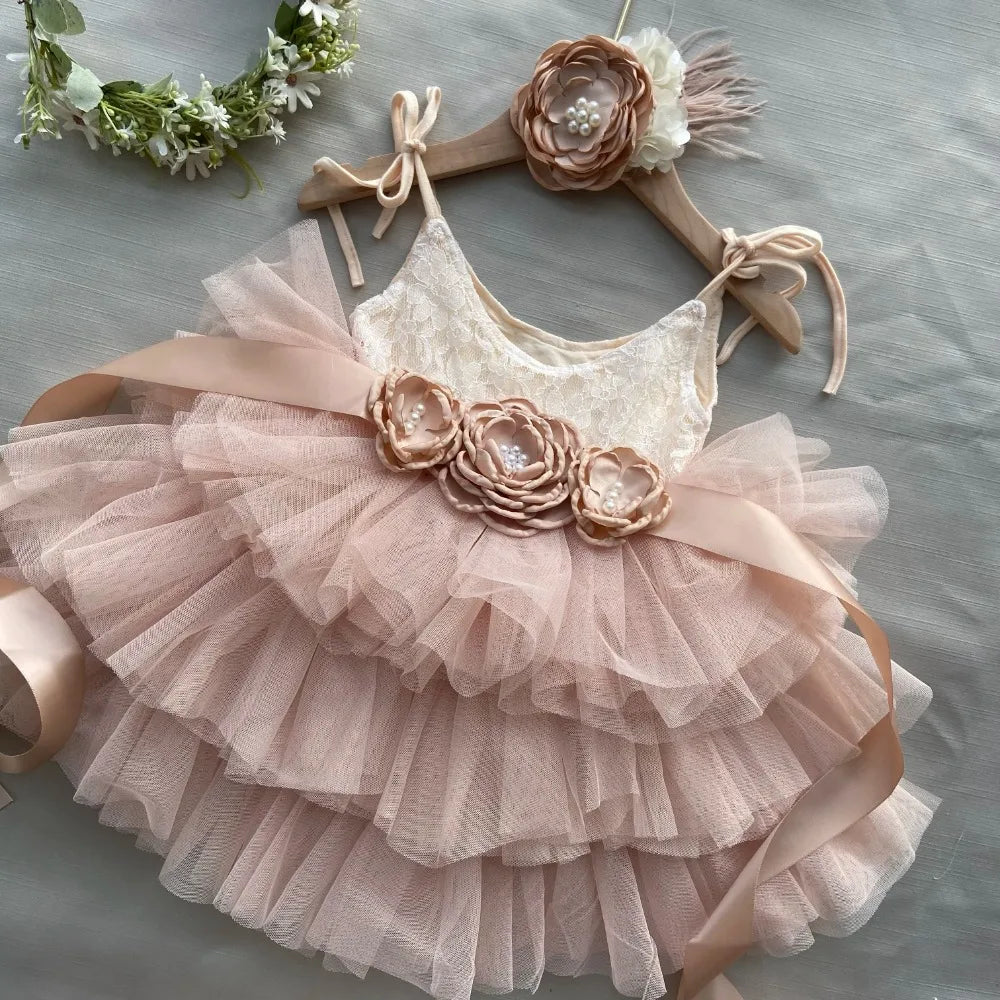 New Born Baby Girls Birthday Dress for Kids Flowers Girls Party Tutus Costume Belt Headband 3pcs Outfit Set Princess Vestidos