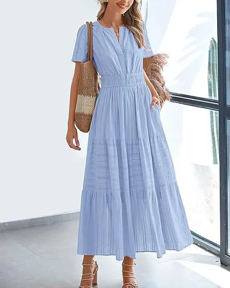 Summer Solid Color V-neck Tight Waist Dress French Style Elegant Pleated Large Swing Long Dress Casual Vacation Style Slimming M