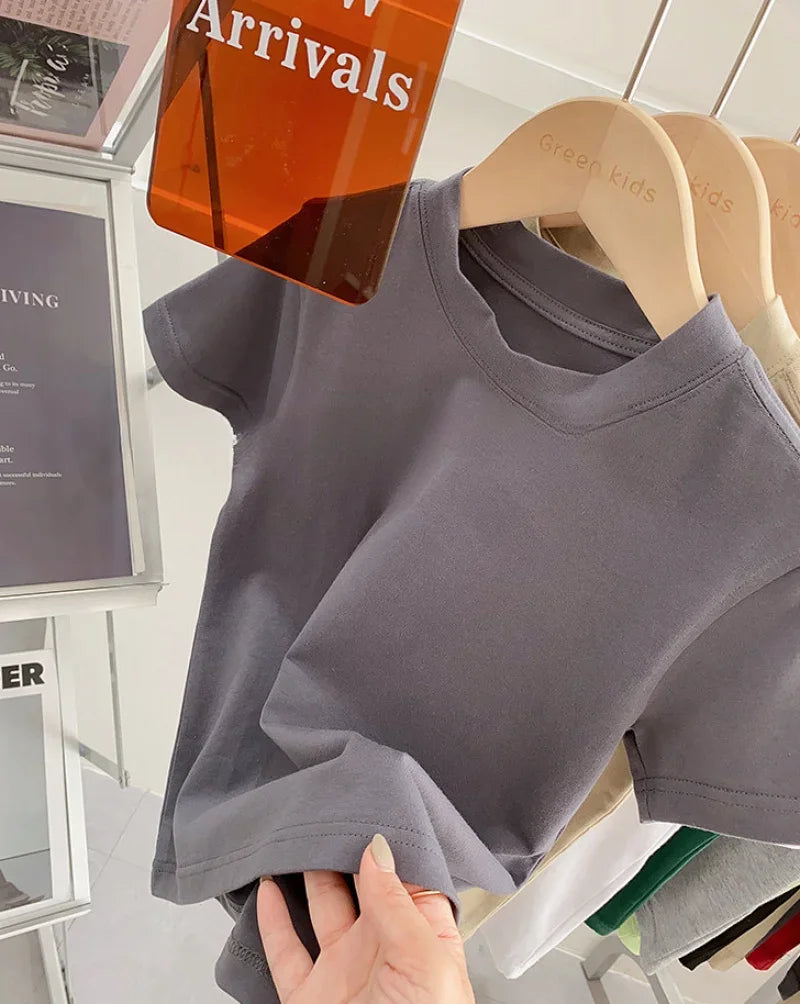 Kids Solid Color Cotton T-Shirt 2026 Spring Summer New Boys Girls Round Neck Short Sleeve Basic Tops Children Casual Tees