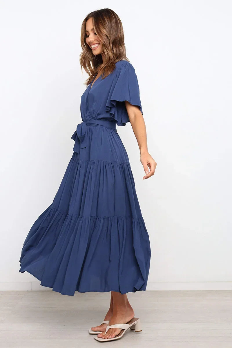 Summer Bohemian Long Dress Pure Color V-Neck Short Sleeve Empire Waist Design Floor Length with Belt Loose Fit Women's Dress