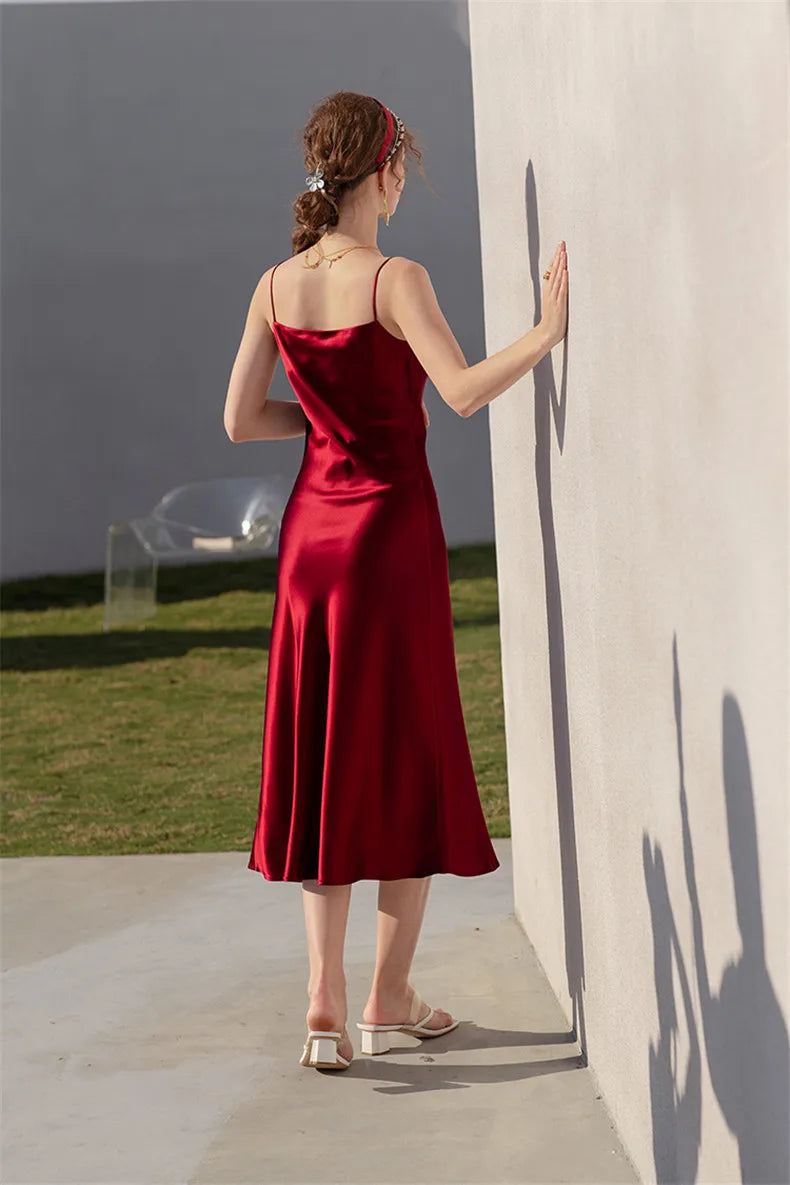 Sexy Spaghetti Strap Burgundy Vintage artificial silk Party Dresses Summer Women Satin Slip Dress Femme long Robe Vestidos