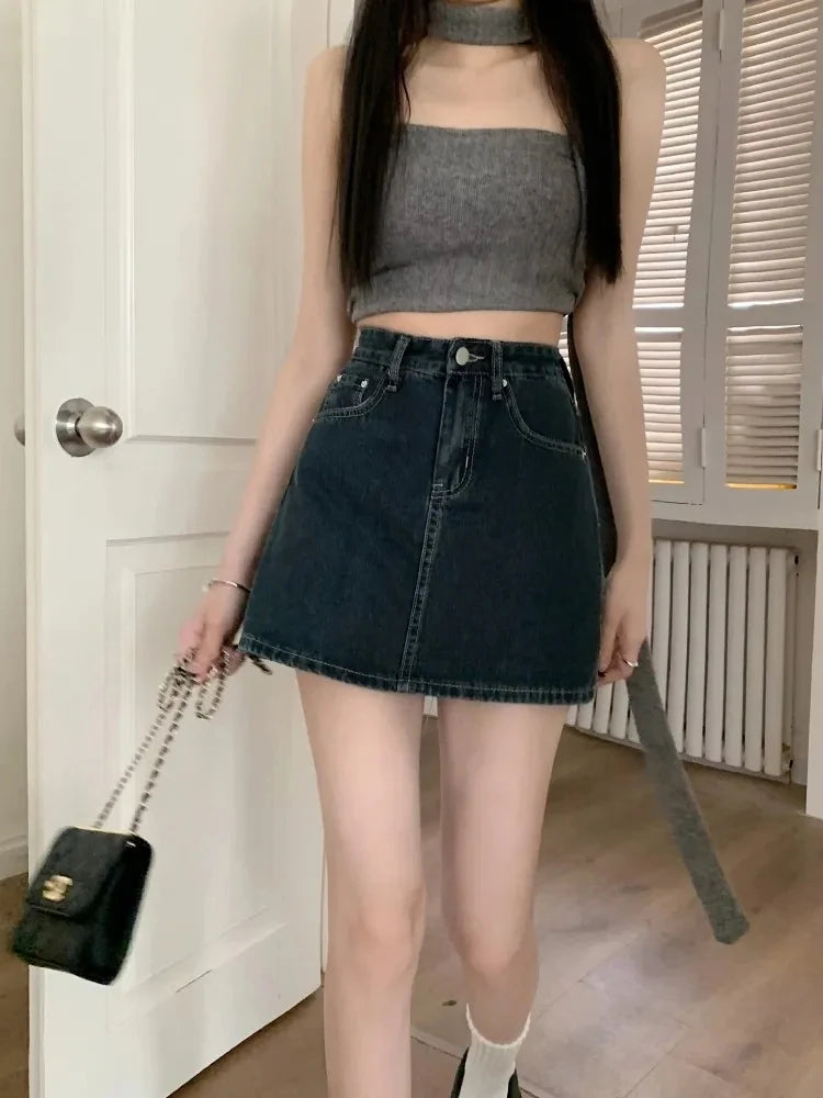 Women's Y2K High-Waist Mini Skirt Deep Blue Denim Spring Summer Slimming Flattering Wrap Around Skirt for Full Coverage