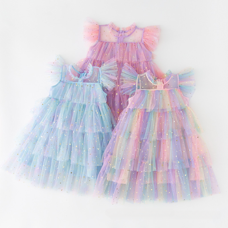 Girls Rainbow layered Dress Birthday Dress Teens Girl Clothes Summer Sequined Princess Mesh Tutu Dresses Kid Party Costume