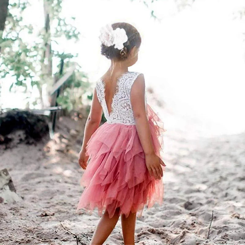 Flower Girl Bridesmaid Dresses Little Girl Layered Lace Tulle Dress Elegant Festival Princess Dress Sleeveless Clothes