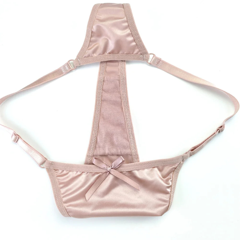 3PCS/Set Glossy Satin Pink Thong Adjustable Low Waist Women Smooth Silk G-string Sexy Plus Size Panty Set Underwear
