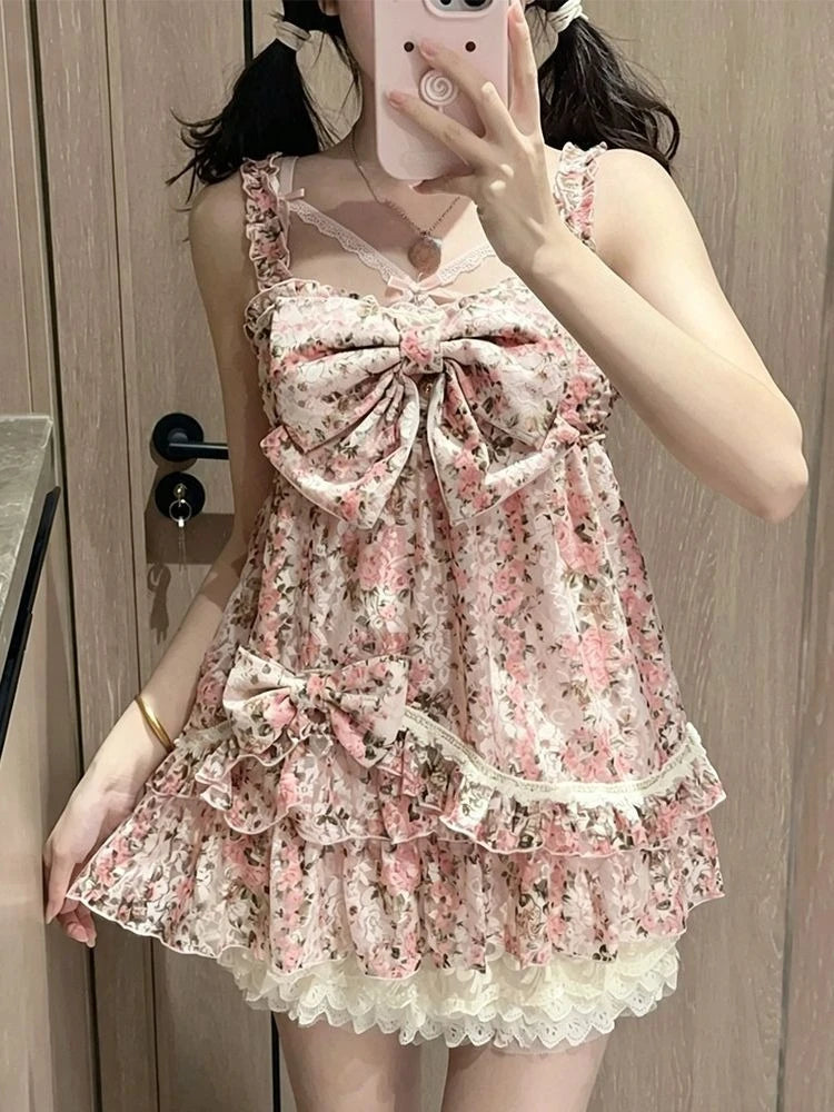 New Summer Vintage Sweet Elegant Women Dress Design Y2k Floral Print Chic Strap Mini Dresses Fashion Lace Korean Popular Clothes