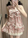 New Summer Vintage Sweet Elegant Women Dress Design Y2k Floral Print Chic Strap Mini Dresses Fashion Lace Korean Popular Clothes