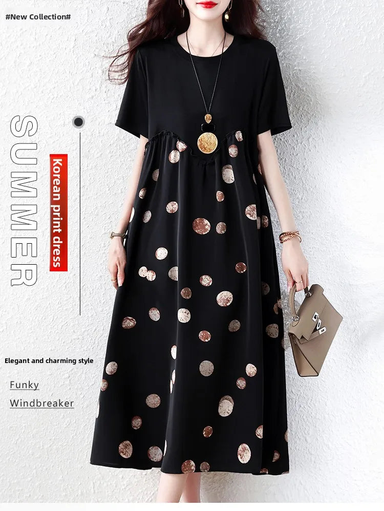Summer New plus Size Polka Dot Dress Color Block Loose Fitting Slimming Effect Casual Commute Style Women's Dress