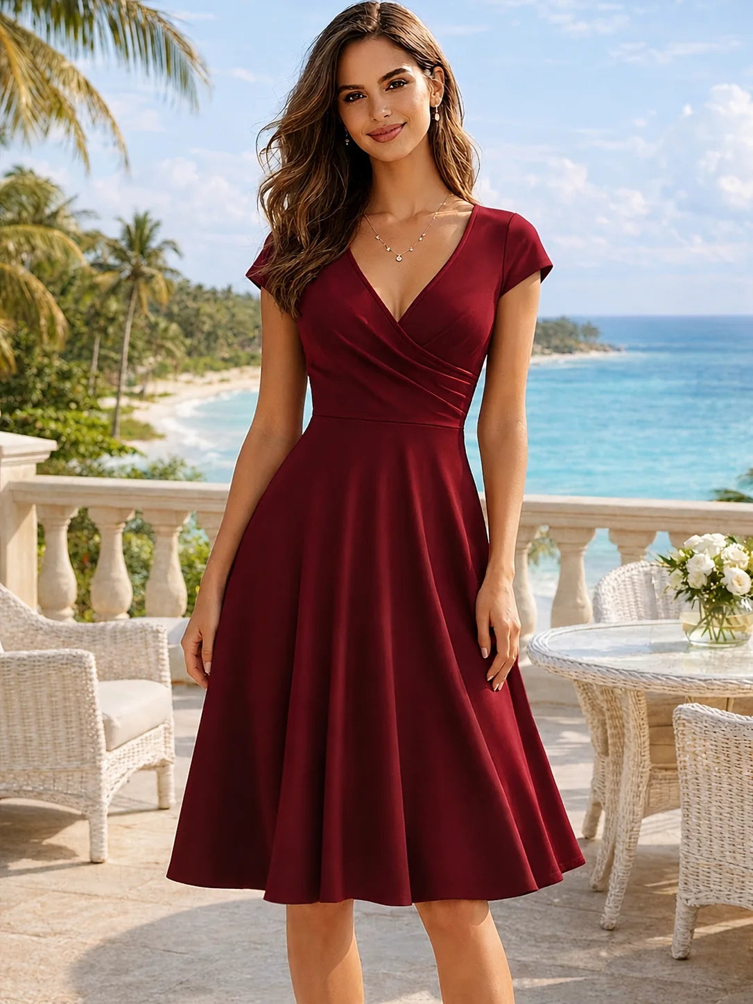 Women's Elegant Round Neck Summer Short Sleeve Solid A-Line Knee-length Dress High Waist Swagger Party Wedding Casual Departure