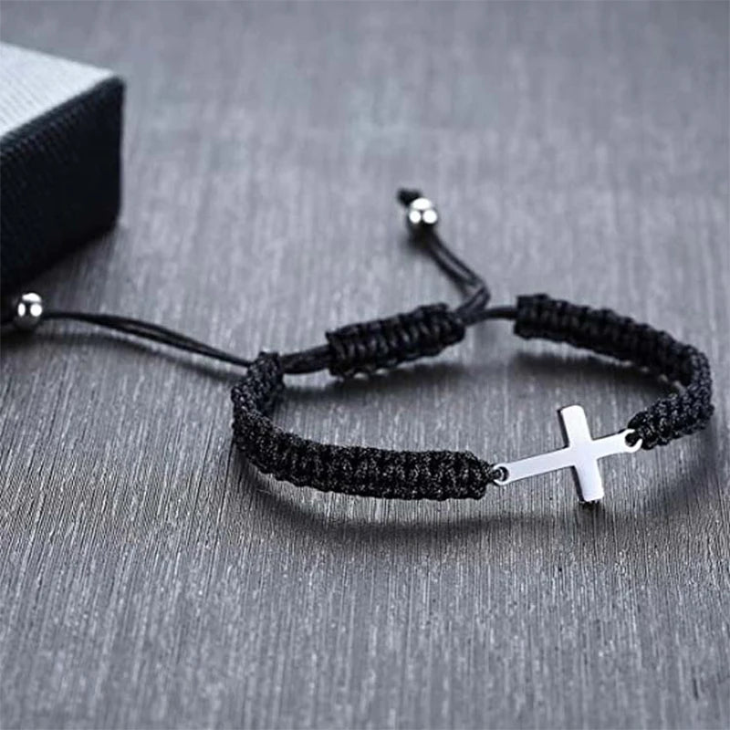 2 Pcs Stainless Steel Cross Braided Rope Couple Bracelets Black White Adjustable Woven Bracelet Gifts