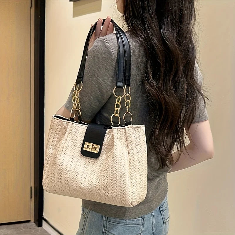 Grass Woven Patchwork Leather Korean Version Shoulder Bag Fashionable Women's Woven Handbag Suitable for Beach Parties Occasion