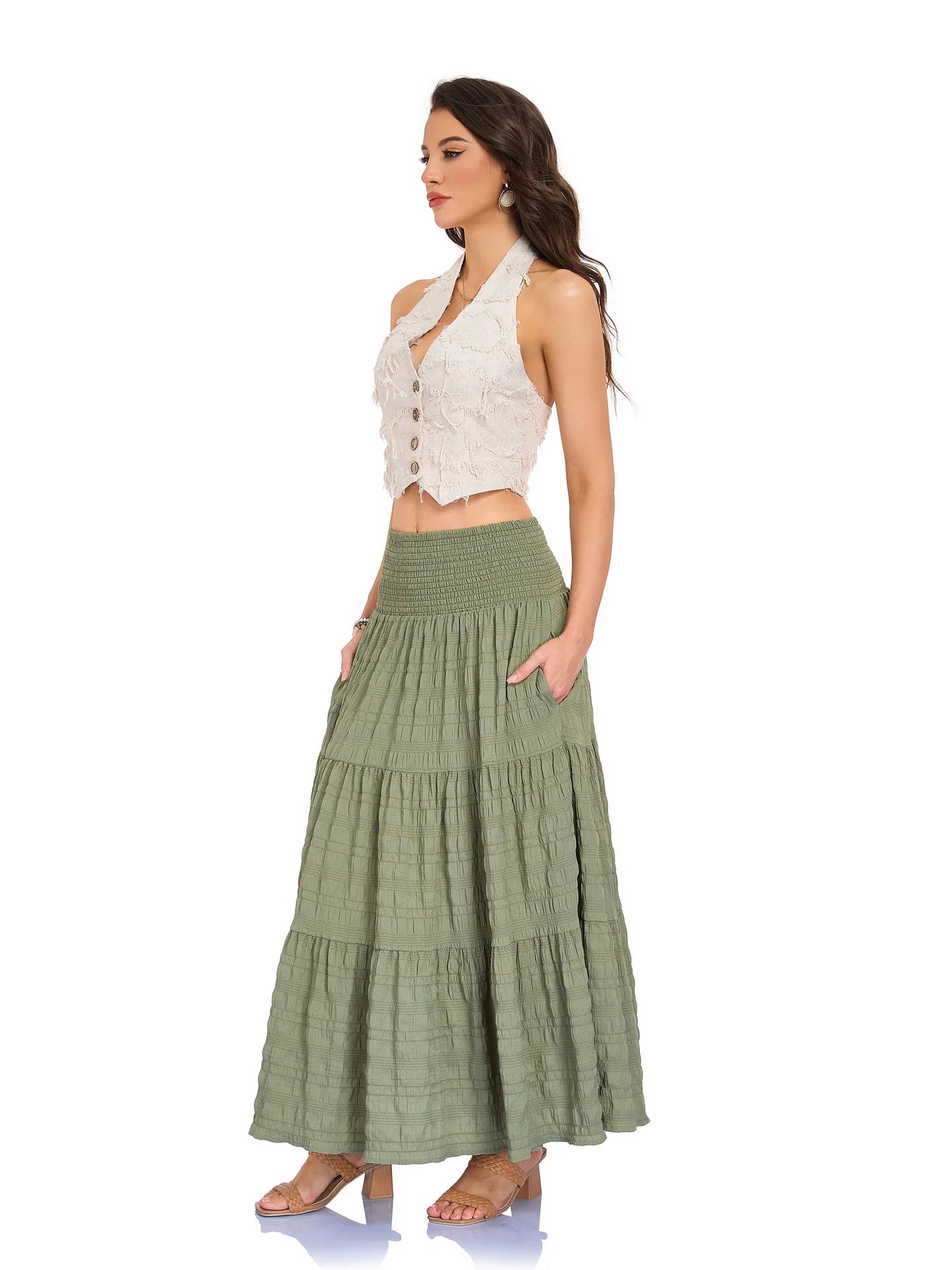 New In 2026 Women's Spring Summer Casual Long Skirts Female Elasticity High Waist Solid Color Maxi Skirt