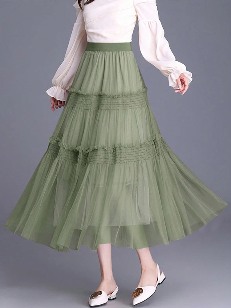 Sweety Nice In Dresses Summer Pleated Long Skirts Girl Elastic Waist Fairy Tiered Skirt Women Solid Color Elegant Women's Skirts