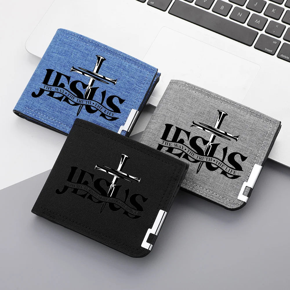 Men's Canvas Wallet with JESUS Pattern Personalized Design Multi-Card Slot Zipper Coin Pocket Youth Wallet